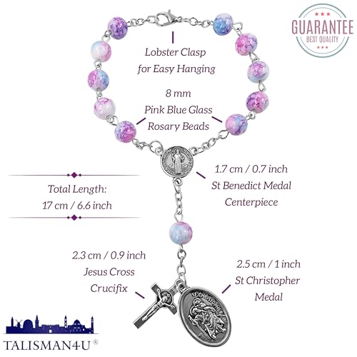 TALISMAN4U St Benedict Rosary for Car Rearview Mirror St Christopher Medal - color: Pink Blue Glass Beads