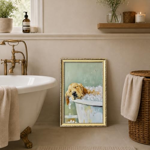 Vintage Gold Framed Funny Dog Bathroom Wall Art, Cute Golden Retriever Taking a Bubble Bath Canvas Print, Farmhouse Pet Wall Decor Painting Picture Poster for Restroom Guest Bath Home 16x24 Inch - color: A-Golden Retriever, size: 24"L x 16"W