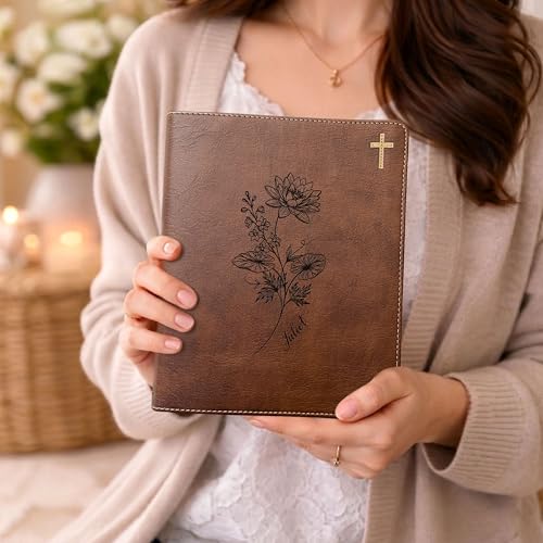 Personalized NIV Journaling Bible, Wide Margin Red Letter Bible, Custom Engraved Name, July Birth Flower, Christian Gift for Women