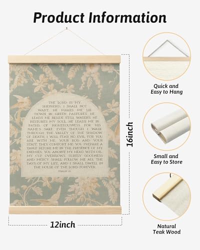 FGFK Vintage Floral Christian Psalm 23 Wall Art Poster Hanger Frame, the Lord is My Shepherd Bible Verse Canvas Prints Framed Wall Decor for Home Bedroom Living Room Church, 12x16 Inch - color: Psalm 23