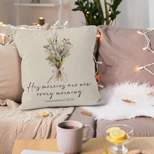 Christian Floral Throw Pillow Covers 18x18, His Mercies are New Every Morning Bible Verse Wildflower Bouquet Decorative Pillow Covers for Home Bedroom, Religious Accent Pillows Cover Pillowcases - color: Christian1