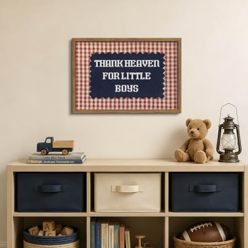 Thank Heaven for Little Boys Wall Art, Vintage Baby Boy Nursery Canvas Wall Decor Painting, Red Gingham Inspirational Quote Poster Print Picture for Kids Room Bedroom 16x24 Inch Framed - color: Checkered Boy, size: 24"L x 16"W