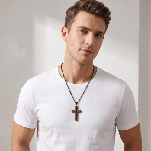 Cross Necklace for Men 925 Sterling Silver & Wood Cross Pendant with Stainless Steel Chain Cross Necklace for Men Women Christian Jewelry Gift - color: Cross-1