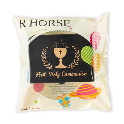 R HORSE First Communion Keepsake Box - Wooden Engraved Baptism Memory Box Gift for Boy Girl, First Holy Communion Gift for Kids Christian Religious Keepsake Organizer for Jewelry Memento Photo Storage - style: First Communion