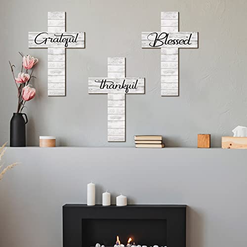 Yookeer 3 Pcs Thankful Grateful Blessed Cross Wood Wall Hanging Rustic