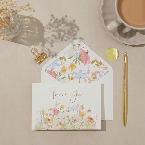 100 Floral Thank You Cards With Envelopes & Stickers - Pretty Wildflower & Gold Foil Assorted Greeting Notes pack for Wedding, Baby & Bridal Shower - Cute 4x6 Large Blank Flower Bulk Box Set