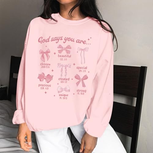 Christian Bow Sweatshirt for Women God Jesus Bible Verse Sweatshirts Cute Bow Graphic Coquette Long Sleeve Shirts - color: Pink, size: Medium