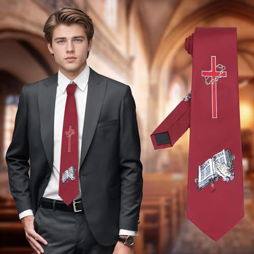 Mens Religious Necktie 3.27" (8.3CM) Christian Cross Jesus Easter Ties - color: Bible - Red