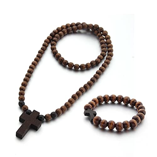 COLORFUL BLING Classic Natural Wood Beads Cross Pendant Necklace for Men Women Religious Rosary Jewelry Handmade Prayer Accessories - color: set dark