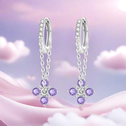 925 Sterling Silver Drop & Dangle Earrings for Women,Butterfly Dragonfly and Bee|Flower and leaf Earrings, Suitable for Sensitive Ears Fashion Jewelry Gift- Hypoallergenic Earrings - color: Purple flower chain