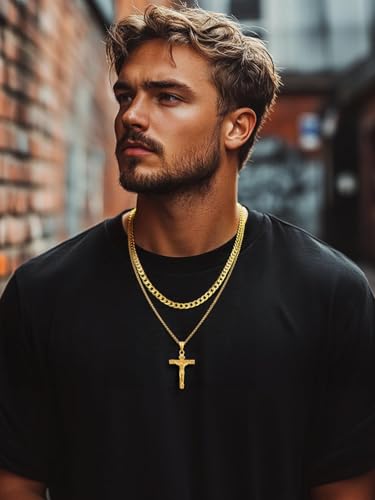 FaithHeart Cross Necklace for Men, Silver/Black/Gold Crucifix Necklace Stainless Steel Pendant with Cuban Chain Jesus Cross Necklaces Religious Gifts for Men - color: 02. INRI Cross-Gold, size: Chain Length 20in/22in