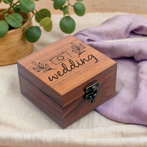 Handmade Walnut Wood Wedding Keepsake Box – 3.7"x3.7"x2.17" Jewelry Storage Gift Box with Engraved Camera & Floral Design – Ideal for Rings, Watches – Perfect for Wedding, Birthday, Christmas