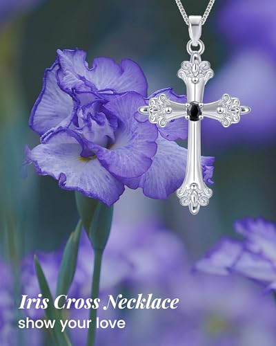 ACECHA Silver Cross Necklace for Women, Crosses Pendant with Birthflower - color: Z Iris