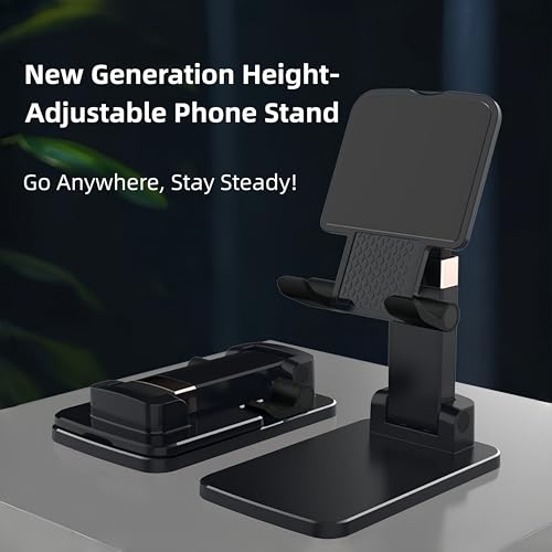 Foldable & Height Adjustable Phone Stand for Desk, Super Stable Cell Phone Holder, Universal for iPhone, Portable Pocket-Sized Stand for Home Office Kitchen - Black - color: E-Standard - Black