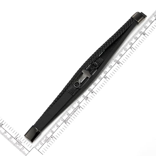 COOLSTEELANDBEYOND Mens Women Steel Horizontal Sideway Lateral Flat Cross Multi-Strand Leather Bangle Bracelet - color: D-Color: Black