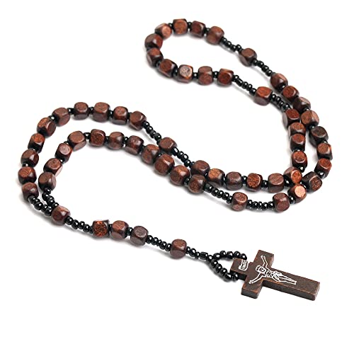 COLORFUL BLING Natural Wooden Catholic Rosaries Wood Crucifix Prayer Beads Pendant Necklace Prayer Jesus Religious Cross Rosary Necklace Handmade Jewelry - color: square dark