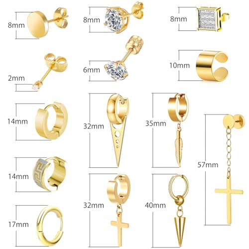 14 Pairs Earrings for Men and Women - Black Stud, Hoop, Cross, and Dangling Earrings Set - Stainless Steel Ear Cuffs Piercing Jewelry - color: Gold