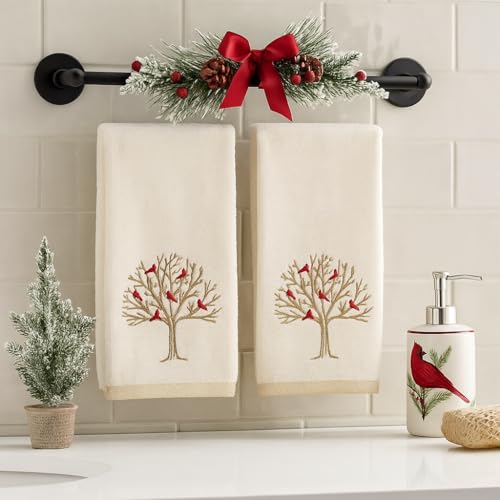 Christmas White Guest Hand Bathroom Towels, Winter Cardinal Tree, 16x26" - color: Cardinal Tree
