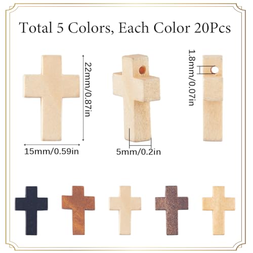 SUNNYCLUE 100Pcs Cross Charms Bulk Wood Cross Beads Natural Wooden Bead Charm Mini Small Black White Pocket Crosses Rosary Crucifix Easter Holiday Pendants for Jewelry Making DIY Supplies - color: 100Pcs 5 Colors 22x15mm