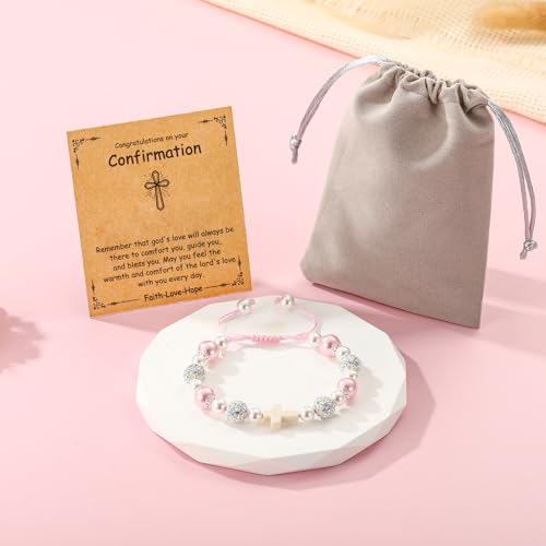 First Communion Confirmation Gifts for Girls, Cross Natural Beads Bracelet Christian Religious Jewelry Gifts for Kids Teen Girls - style: Confirmation