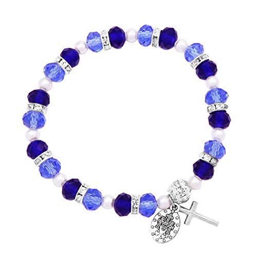 Rosemarie Collections Women's Beaded Stretch Rosary Bracelet with Crucifix and Miraculous Medal - color: Light and Dark Blue