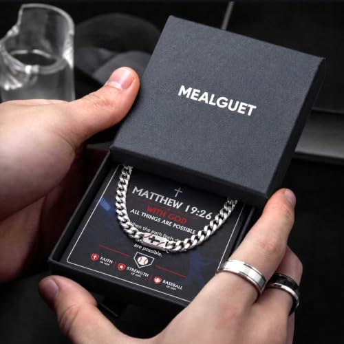 MEALGUET Stainless Steel Baseball Cross Cuban Chain Necklace Inpirational Gifts for Men - style: Matthew 19 26 - Silver