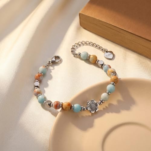 Bracelet for Women Natural Stone Beaded, Stainless Steel Charms, Adjustable - color: 10-Sunflower