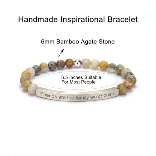 Inspirational Christian Bracelet for Women, Bamboo Leaf Agate Beaded Bible Verse Jewelry, 18K Gold Plated Religious Faith Gift, Scripture Encouragement Jewelry for Her - color: Friends are the family we choose-Bamboo Agate Silver