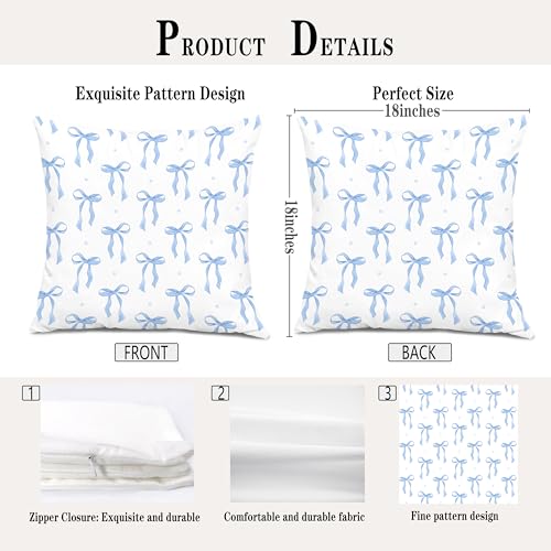 Coquette Blue Bow Pillow Covers 18x18, Coquette Girly Room Decor, Preppy Blue Striped Aesthetic Ribbon Bow Decorative Throw Pillow Covers for Girls Bedroom Dorm Apartment Home - color: Colour 03