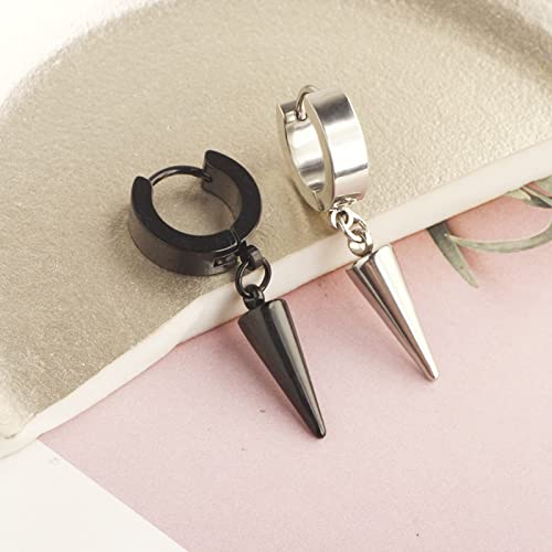 Unisex Punk Hip Hop Stainless Steel Silver Black Gold Tone Lock Thunder Lightning Bolt Dangle Huggie Hoop Earrings Gift for Women Men Boy Teens - color: Black-Spike Awl