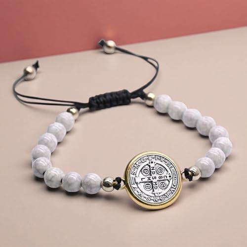 St Benedict Bracelet Catholic Bracelet Adjustable String Medal Religious Bracelets for Men Women Beige