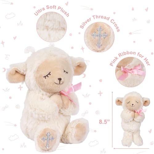 MyMateZoe Baptism Gifts for Girl, Great Christening, Dedication and Baptism Gift Set for Girl and Newborn Baby, Includes 7" Praying Lamb Plush Toy and Let Us Pray Baby Book in Keepsake Gift Box - color: Pink-lamb