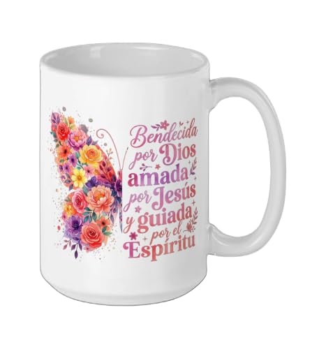 Bendecida Por Dios Amada Por Jesus Christian Spanish Floral Ceramic Mug, White, 15oz - color: White, size: 15 Ounces