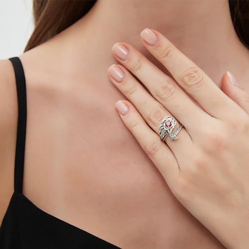 925 Sterling Silver Adjustable Spoon Ring Thumb Ring for Women Vintage Rose Cross Birthstone Victorian Jewelry Gift for Birthday Christmas Anniversary - color: 07-July-Ruby