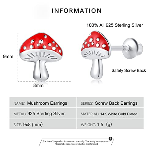 Butterfly Ladybug Unicorn Sloth Flamingo Dog Cat Turtle Angel Koala Daisy Panda Stud Earrings for Girls Women - Sterling Silver Hypoallergenic Animal Earrings with Secure Screw Backs - color: Mushroom