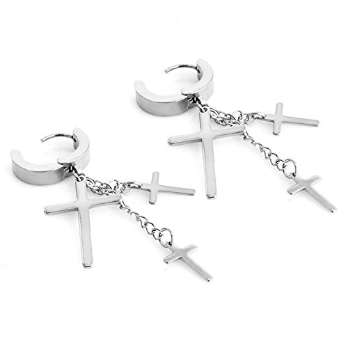 JewelrieShop Cross Tassel Stainless Steel Urban Huggie Hinged Hoop Dangle Earrings - color: 02. 2 Pairs (Steel + Black)