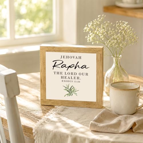 Christian Wooden Decor, Jehovah Rapha The Lord Our Healer Exodus 15:26, Christian Botanical Plaque for Shelf Decor, Bedroom Office Accent, Housewarming Gift, Holiday Gift, 5.9 x 5.9 in, Box Sign Wood Desk Sign Decor 14 - color: Religion Sign 08