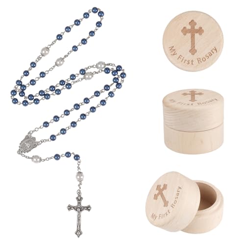 My First Rosary Baptism Gifts Rosary Catholic Keepsake Box for Baby Shower First Communion Christian Beads Gifting Set (Blue)