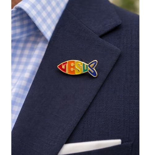 Rainbow Jesus Fish Lapel Pin, Gold Tone Christian Ichthys Brooch, Religious Faith Pin for Jacket, Hat or Backpack