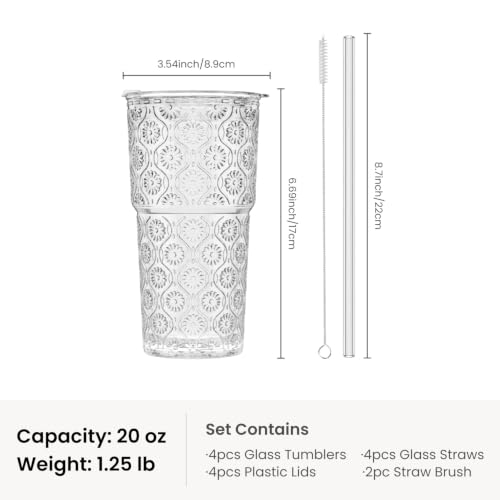 INSETLAN 20 oz Iced Coffee Cups with Lids and Straw, Set of 4 Glass Tumbler - size: 4 Pcs