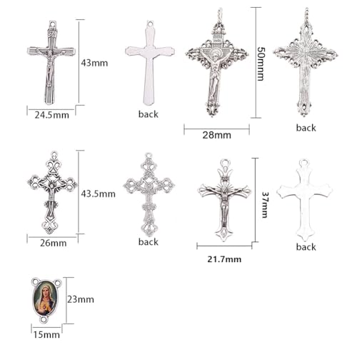 SUNNYCLUE Easter Holiday Tibetan Style Rosary Cross and Center Our Lady Miraculous Medal Enamel Cross Pendants Vintage Charm Oval Chandelier Links for Rosary Beads Necklace Bracelet Making Supplies - color: Mixed Material Cross Charms and Linking Connecto