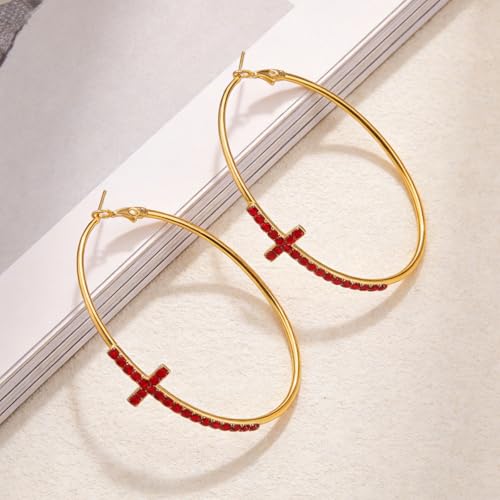 Large Cross Hoop Earrings for Women Sparkly Rhinestone Statement Jewelry for Prom Wedding Party Night Out Accessories Shiny Silver Tone Fashion Dangle Earings - color: Red