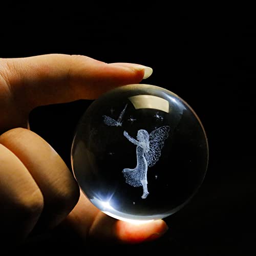 3D Laser Engraved Crystal Butterfly Fairy Figurine in Crystal Ball - Decorative Glass Sphere Paperweight Gift with Silver Stand - 2.36in - color: Butterfly_fairy