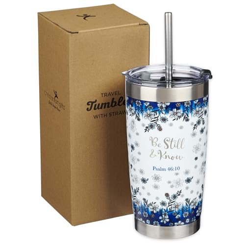 Christian Art Gifts Double Wall Vacuum Insulated Stainless Steel Travel Mug and Straw 18 oz Blue Floral Camp Style Coffee Mug with Lid for Women Laser-engraved- Be Still & Know -Psalm 46:10 - color: White & Blue/Be Still
