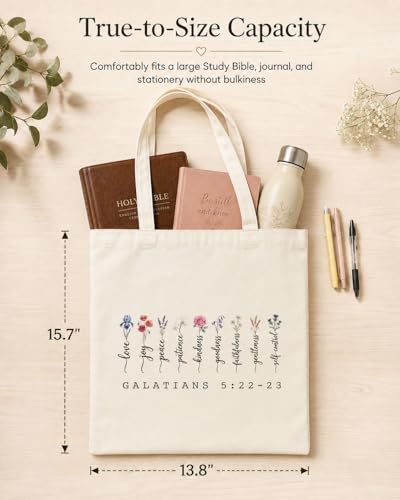 12 Pack Fruits of the Spirit Canvas Tote Bags with Zipper, Christian Gifts for Women, Bible Bag Bulk, Religious Gift Tote for Church Groups, Bible Study, 13.8 x 15.7 in, Beige
