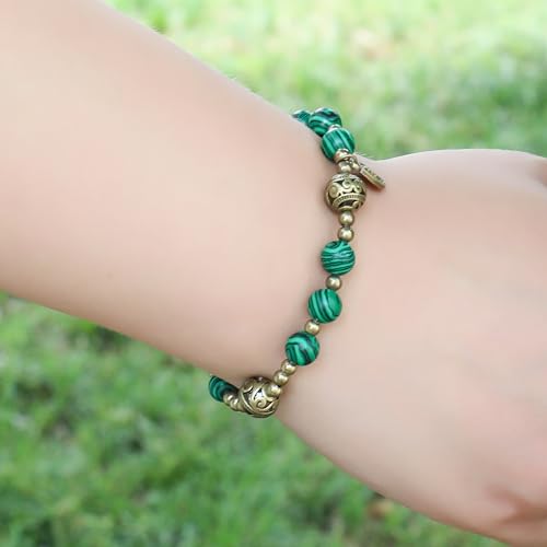Nazareth Store Stone Beads Rosary Bracelet with Metal Separators and Catholic Medal - Durable and Elegant Wrist Jewelry - color: Malachite
