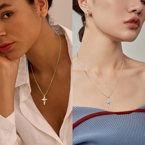 Cross Necklace for Woman, Gold Silver Plated Cross Pendant Necklaces Choker Faith Jewelry Non Tarnish Cute Simple Christian Religious Diamond Cross Necklace for Mom - color: 2pcs Gold + Silver Crown Diamond Cross