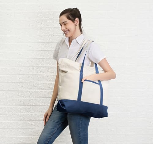 Canvas Tote Bag with Zipper & External Pocket, Reusable Grocery Shopping Tote Bag with Handles for Groceries - color: Blue