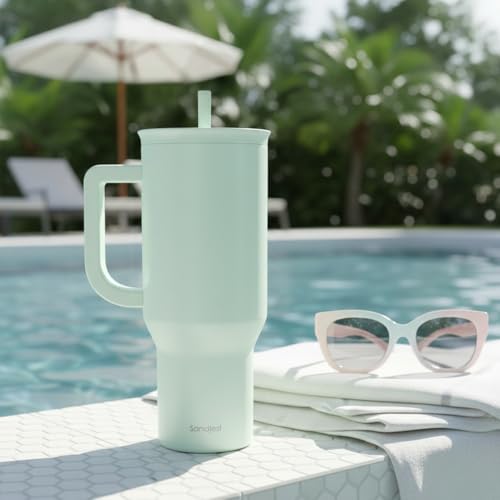 SANDJEST Mint 40oz Tumbler with Handle and Straw, Insulated Stainless Steel Travel Coffee Mug for Women Girls, Gift Idea for Birthday Christmas Mothers Day - color: Green