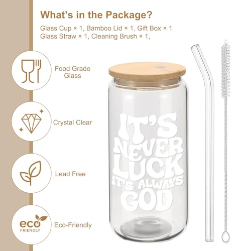 Mikopei Christian Gifts for Women, Faith Glass Cup with Lid and Straw 16 oz